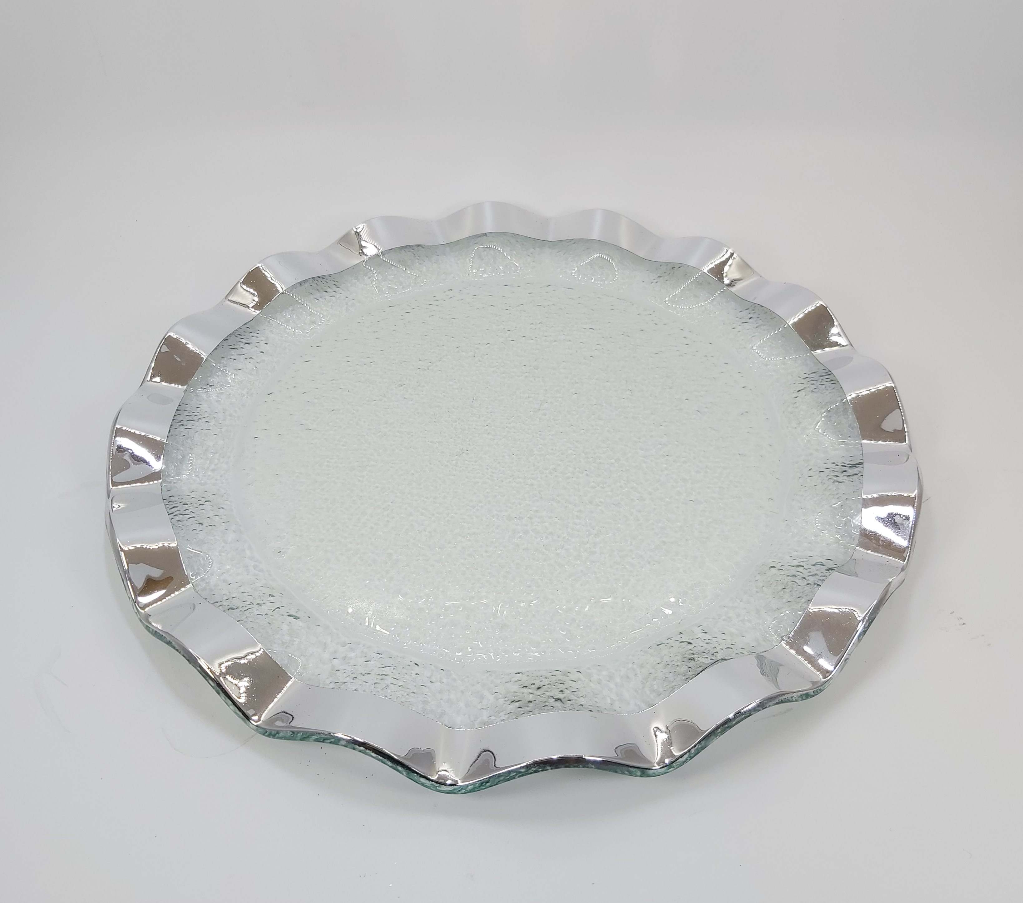 Custom Large Round Wedding Decoration Glass Charger Plates with Gold Rim CHS097