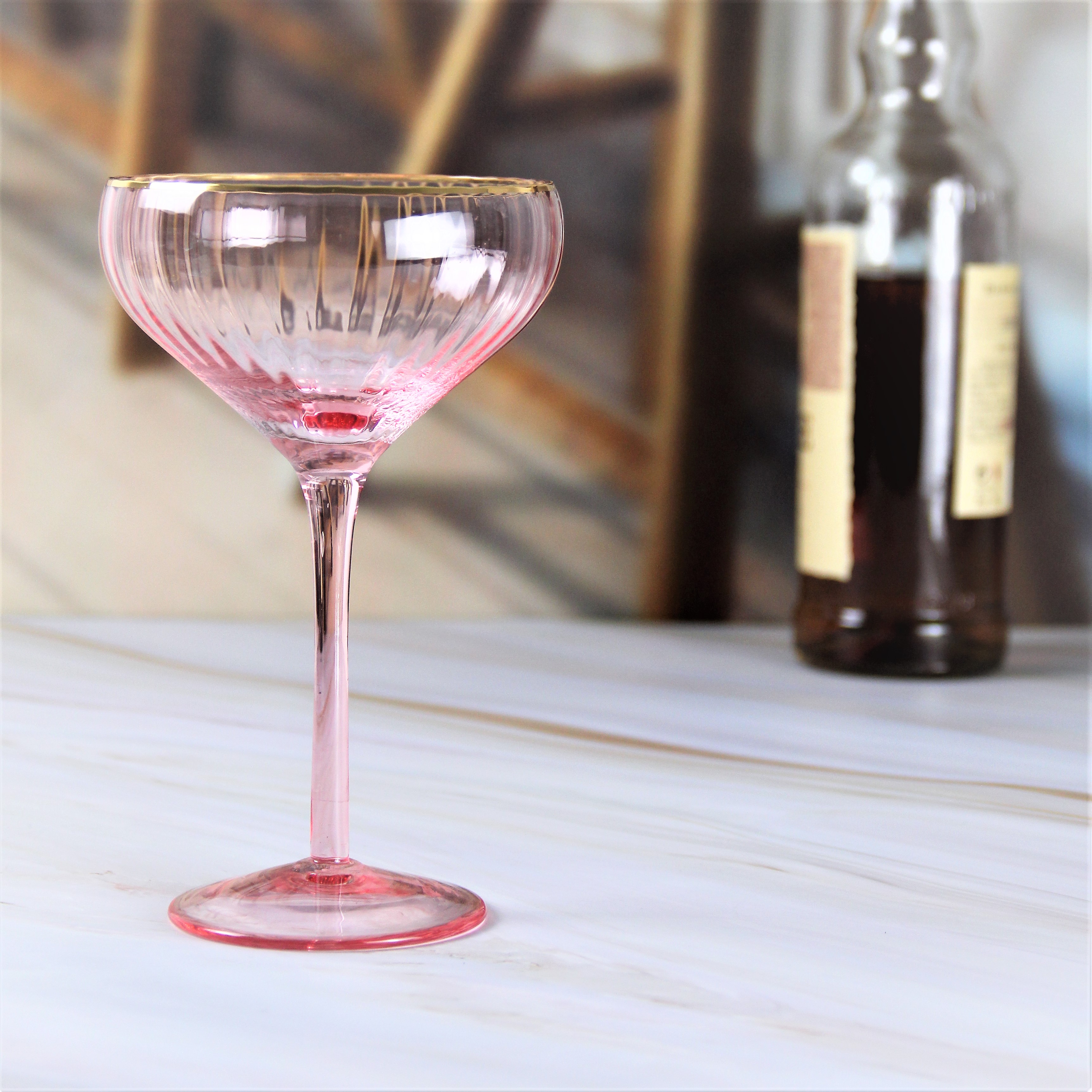 390ML Long Stem Colored Ribbed Crystal Goblet With Gold Rim CXW1474