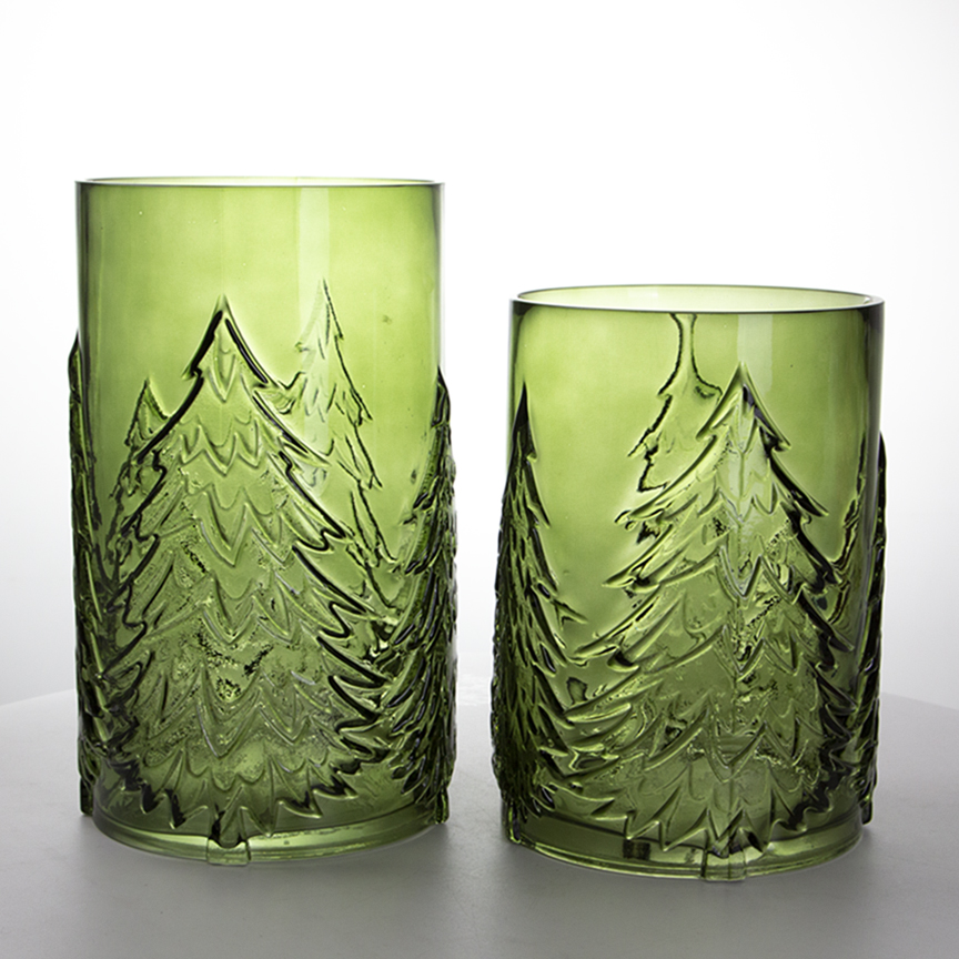 Green Embossed Pine Tree Glass Vase Christmas Forest Themed Cylinder Flower Vase for Home Holiday De
