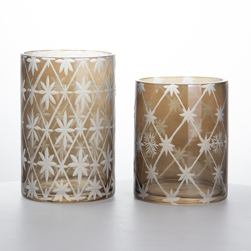 Amber Snowflake Etched Glass Hurricane Candle Holder Set Geometric Lattice Pattern Decorative for Ch	