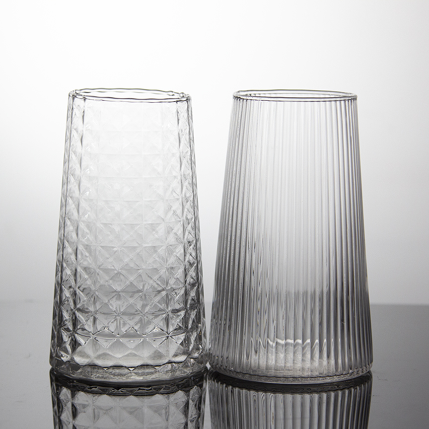 Textured Tapered Glass Vase Set, Vertical Ribbed & Diamond Pattern Decorative Vases for Modern H