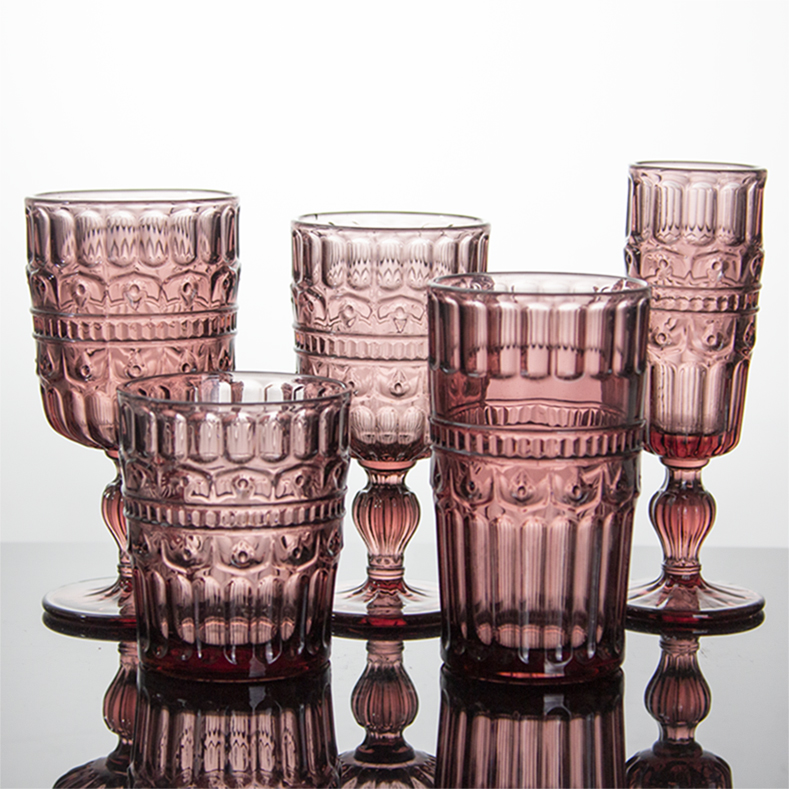 Vintage Embossed Pink Tinted Glass Cup Set, Retro Column Pattern Stemmed Goblet & Stemless Tumbl	